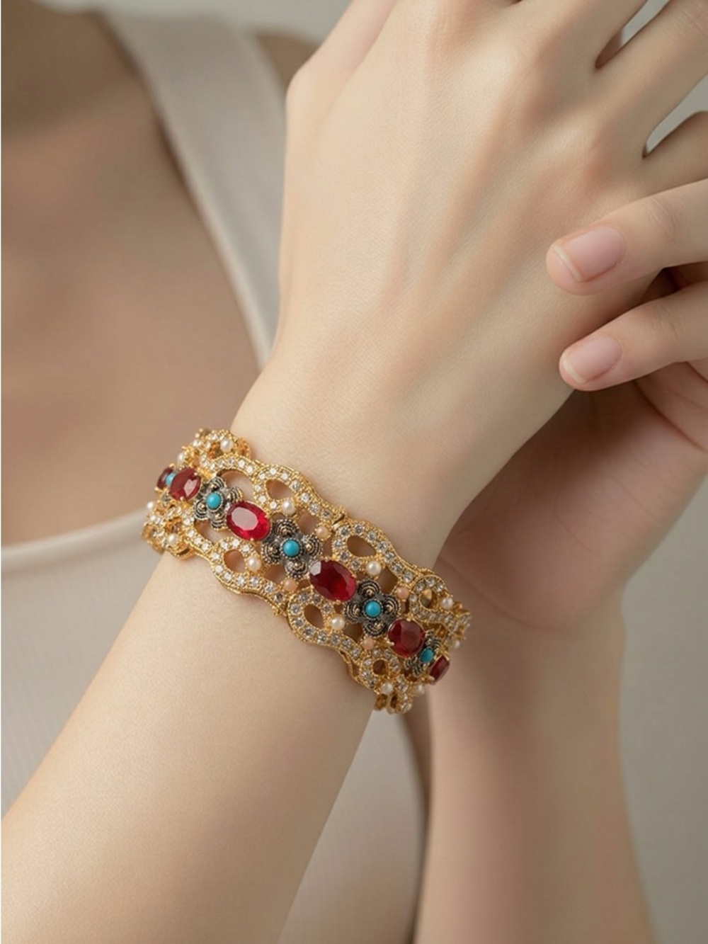 Gold tone Bracelet with Red and Turquoise Gemstones